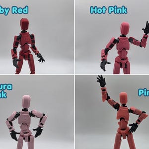 Może przedstawiać: Cztery ruchome figurki akcji w r&oacute;żnych odcieniach czerwieni i r&oacute;żu. Figurki są oznaczone jako Ruby Red, Hot Pink, Sakura Pink oraz Pink. Każda figurka ma czarne stawy i dłonie, klockowaty, geometryczny kształt oraz numer 13 na klatce piersiowej.