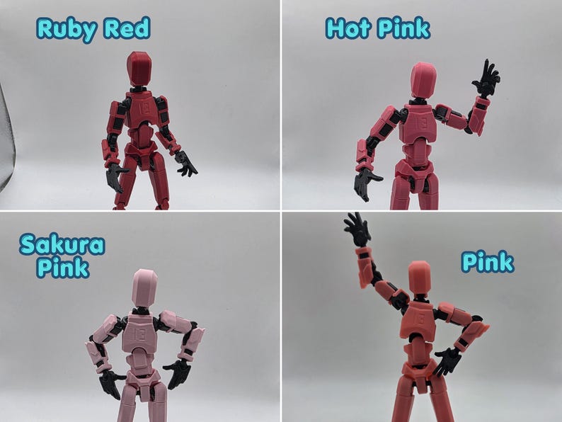 Może przedstawiać: Cztery ruchome figurki akcji w r&oacute;żnych odcieniach czerwieni i r&oacute;żu. Figurki są oznaczone jako Ruby Red, Hot Pink, Sakura Pink oraz Pink. Każda figurka ma czarne stawy i dłonie, klockowaty, geometryczny kształt oraz numer 13 na klatce piersiowej.