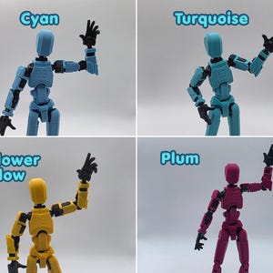 Może przedstawiać: Cztery ruchome figurki w kolorach cyjan, turkusowym, słonecznikowym ż&oacute;łtym i śliwkowym. Każda figurka ma czarne stawy, liczbę 13 na klatce piersiowej i uniesione ramię. Widoczne są etykiety tekstowe Cyan, Turquoise, Sunflower Yellow oraz Plum.
