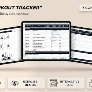 May include: Digital workout tracker displayed on three tablets. The screens show exercise diagrams, workout logs, and program details. The text includes "7 Complete Programs," "Home & Gym," and "Excel & Google Sheets Edition, Lifetime Access."