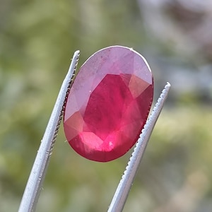 Może przedstawiać: Owalny rubin trzymany przez srebrną pęsetę. Kamień szlachetny ma głęboki czerwony kolor i wypolerowaną powierzchnię. Rozmyte tło to mieszanka zieleni i brązu, sugerująca naturalne otoczenie. Obraz przedstawia cenny kamień szlachetny.
