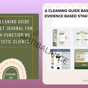 Puede incluir: Una guía de limpieza, bullet journal para clientes autistas de alto funcionamiento. La portada es verde oliva con ribetes dorados y un diseño de arcoíris. La guía incluye estrategias basadas en la evidencia y herramientas de planificación. El texto "Autibalance 2026" es visible.
