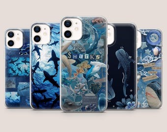 May include: A collection of five phone cases with ocean-themed designs. The cases feature various shark illustrations, marine life, and the word "Sharks". The color palette includes shades of blue and white.