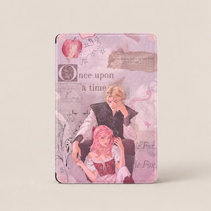 May include: A rectangular e-reader case in shades of pink and lavender featuring an illustration of two people, one with blonde hair and one with pink hair. The text reads Once upon a time and includes a red apple, a rabbit, and a bow and arrow.