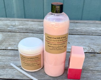 JAPANESE Sakura CHERRY BLOSSOM* Goat Milk Honey Noopy's Hand Body Cream Lotion Aloe Jojoba Emu Argan Opt'l Matching Goat Milk Soap