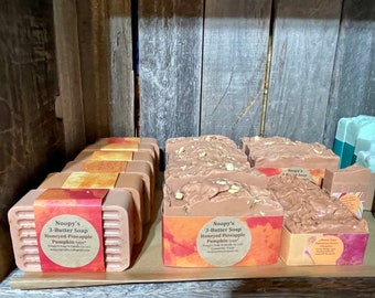 2 Bars HONEY PINEAPPLE & PUMPKIN type Skin Softening Goat Milk Soap Scented Noopy's Emollient Premium U Pick Shape