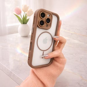 May include: A clear phone case with a brown border and camera lens protector. The case has a white circular design on the back. The phone case is held in a hand wearing a pink sweater.