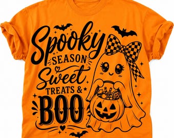 Spooky Season PNG, Cute Ghost, Sweet Treats And Boo, Checker Bow Ghost, Halloween PNG, Spooky Season, DTF Digital File