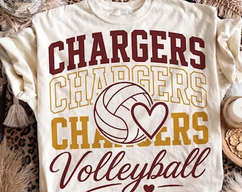 Immagine PNG della squadra di pallavolo dei Chargers, maglietta con la mascotte dei Chargers, immagine PNG della mamma della squadra di pallavolo, immagine PNG della squadra di pallavolo universitaria, grafica per il giorno della partita, spirito di squadra, file digitale DTF