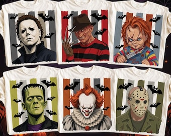 Immagini PNG di Halloween, personaggi PNG di film horror, pacchetto di cattivi slasher, maglietta per la stagione spettrale, maglietta horror retrò, file digitali DTF di tendenza