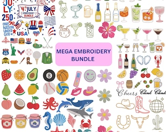 150+ Mini Icons Embroidery Bundle | Summer Cocktail, Coastal, Sports & Texas Rodeo, Y2K, 4th July Machine Embroidery Files
