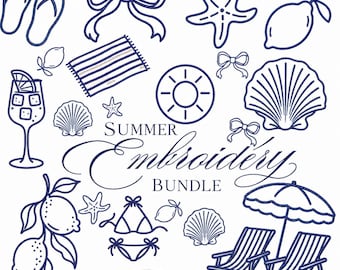 Summer Embroidery Bundle, Beach Embroidery Designs, Coastal Embroidery Files, Machine Embroidery Bundle, Shell Lemon Sardine Embroidery