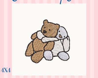 Embroidered Bunny Bear Hug Design, Plush Style Machine Embroidery (4x4 Hoop)