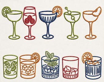Cocktail Embroidery Bundle, Summer Drink Embroidery Files, Mini Cocktail Glass Designs, Martini Margarita Spritz Pes, jef, vp3, exp, dst