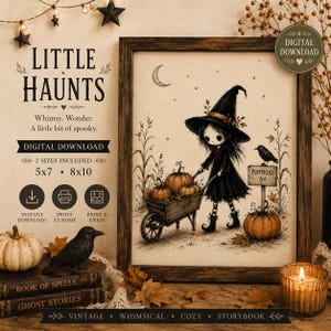 May include: A framed digital print titled Little Haunts featuring a black-and-white illustration of a child in a witch hat pushing a wooden wheelbarrow filled with pumpkins, with a crow on a sign that reads Pumpkins 5 cents under a crescent moon.