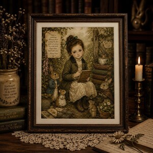 May include: A framed illustration depicting a child writing in a book surrounded by rabbits and mice in a garden setting. The artwork includes text that reads, There is something delicious about writing the first words of a story.