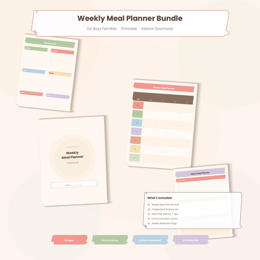 Weekly Meal Planner Printable | Family Meal Plan Outline | Grocery List ...