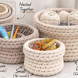 May include: A set of three beige crochet baskets of varying sizes, labeled "Medium", "Small", and "Large". The "Large" basket contains yarn balls. The "Medium" basket holds craft tools. The "Small" basket contains scissors and a measuring tape. The text "Nested Together" is also visible.