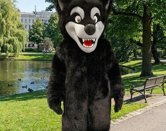 Black Wolf Mascot Costume – Full Body Faux Fur Animal Outfit for Parties, Events