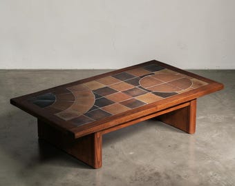Large Danish coffee table in ceramic and oak designed by Tue Poulsen and manufactured by Haslev Møbelsnedkeri in the 1970s