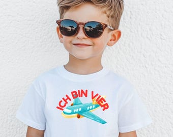 Geburtstagsshirt 4 Jahre Flugzeug, "Ich bin vier" Kinder T-Shirt mit Flugzeug Motiv, Geburtstagsgeschenk, Unisex