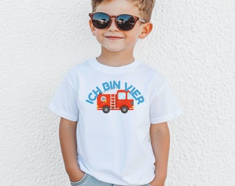 Geburtstagsshirt 4 Jahre Feuerwehr, "Ich bin vier" Kinder T-Shirt mit Feuerwehr Motiv, Geburtstagsgeschenk