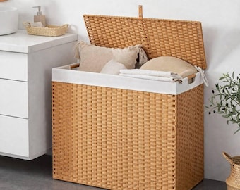 Wicker Laundry Basket with Lid, Large Boho Storage Hamper, Removable Liner