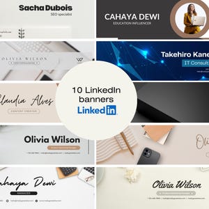 May include: A collection of 10 LinkedIn banner templates. The banners feature professional headshots, names, and job titles. The color scheme includes white, black, and beige tones. The LinkedIn logo is prominently displayed.