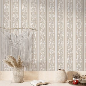 Carta da parati vintage a righe floreali beige, elegante murale classico neutro
