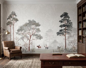 Vintage Forest Landscape Mural, Sepia Horse Themed Misty Trees Wallpaper
