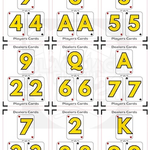 以下が含まれることがあります： 白地に黄色の数字と文字が描かれたトランプのコレクション。各カードにはディーラー用のカード1枚とプレイヤー用のペアが表示されています。「Dealers Cards」と「Players Cards」の文字が見えます。