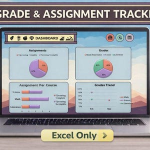 Könnte beinhalten: Laptop-Bildschirm mit einem Dashboard zur Noten- und Aufgabenverfolgung. Der Bildschirm zeigt Aufgaben- und Notenaufschlüsselungen mit Kreisdiagrammen und Balkendiagrammen. Der Text "Excel Only" wird unten auf dem Bildschirm angezeigt.
