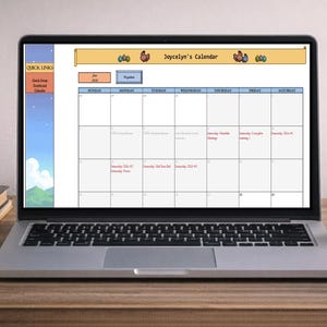 May include: A laptop displaying a calendar titled "Jocelyn's Calendar" with the month of June visible. The laptop is on a wooden desk, with a cup of coffee, a plant, and pencils in a glass nearby.