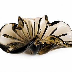 May include: A decorative glass bowl in brown and black. The bowl has an organic shape with undulating edges and a fluted central design. The glass is translucent in places, with darker, opaque accents. A stylish home decor item.