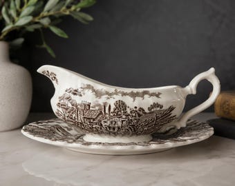 Vintage Royal Mail Gravy Boat With Underplate Staffordshire England Transferware,Cottage Decor