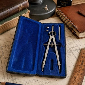 Peut inclure: Un compas de dessin en métal argenté avec deux petits accessoires circulaires et une fine tige métallique, rangé dans un étui rectangulaire noir à l'intérieur en velours bleu vif. L'ensemble est posé sur un plan d'étage technique.