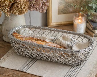 Vintage Oval Woven Metal Basket French Country Farmhouse Decor Bread Fruit Basket Rustic Chic Table Centerpiece