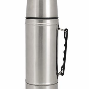 May include: A stainless steel flask with a black handle and a matching lid. The cylindrical body has a shiny, metallic finish. The flask is designed to keep drinks hot or cold. The handle is made of black plastic.