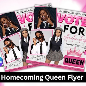 Puede incluir: Folleto rosa y blanco con el texto "VOTE FOR Amelia Clark Home Coming QUEEN". El folleto incluye imágenes de una persona con uniforme escolar y gafas de sol. El folleto también incluye el texto "Vote for the Best".