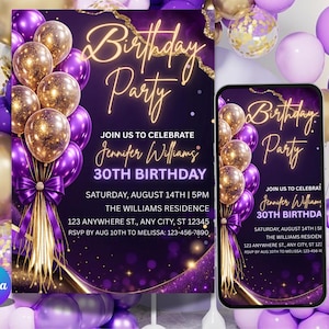Peut inclure: Une invitation numérique pour une fête d'anniversaire, avec un design violet et or. Le texte indique "Birthday Party" dans une police décorative, avec les détails du 30e anniversaire de Jennifer Williams. Le fond est orné de ballons or et violets.