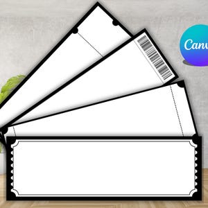 Op de afbeelding: Een stapel blanco witte tickets met zwarte randen en een barcode. De tickets hebben een decoratieve rand en een stippellijn om te scheuren. Het Canva-logo staat in de rechterbovenhoek.