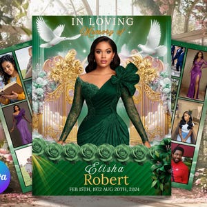 May include: A memorial card with the text "IN LOVING Memory of Elisha Robert" and dates. The central image is a woman in a green dress, with doves and a golden gate design. Additional photos are on the sides.