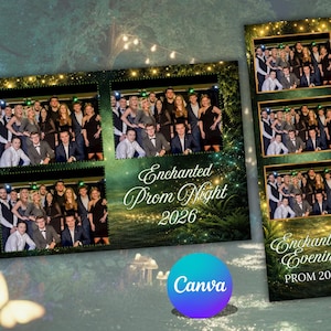 Peut inclure: Bandes de photomaton avec des groupes de personnes en tenue de soirée. Le texte "Enchanted Prom Night 2026" et "Enchanted Evening PROM 2026" sont affichés en écriture élégante. Le logo Canva est visible.