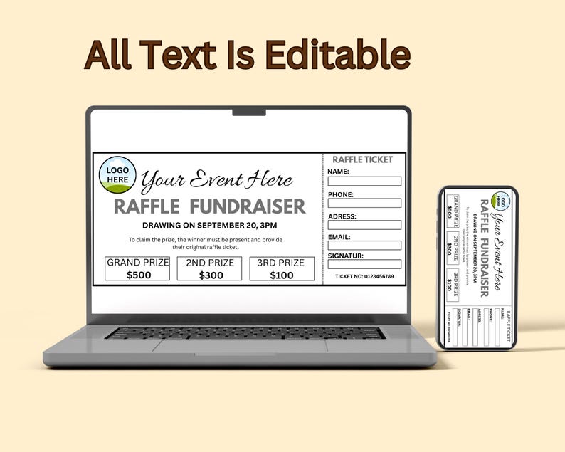 Editable Raffle Ticket Template Custom Event Ticket, Charity Fundraiser ...