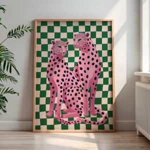 Pink Leopard Wall Art, Checkerboard Animal Print, Mid Century Modern Poster, Matisse Style Cheetah Art, Bold Room Decor