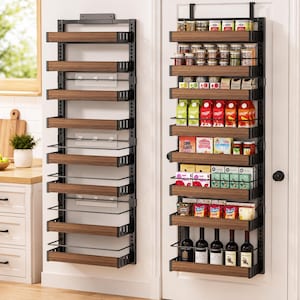 May include: Two over-the-door storage organizers with black metal frames and wood-grain shelves. One unit is empty, while the other is filled with various food items, including jars, cartons, boxes, and wine bottles, arranged across eight tiers.