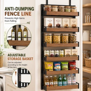 May include: A wall-mounted pantry organizer featuring six tiers of shelves with black metal frames and wood-grain panels. The unit includes adjustable baskets and protective fence lines to secure items like glass jars, food boxes, and bottles.