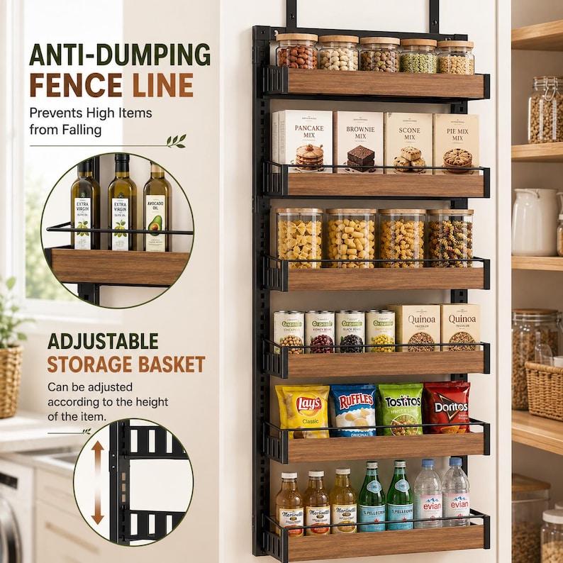 May include: A wall-mounted pantry organizer featuring six tiers of shelves with black metal frames and wood-grain panels. The unit includes adjustable baskets and protective fence lines to secure items like glass jars, food boxes, and bottles.