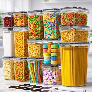 May include: A collection of clear, rectangular food storage containers filled with various dry goods. The containers hold items like pasta, cereal, beans, and colorful candies. Each container has a black lid, and they are arranged on a light-colored surface.