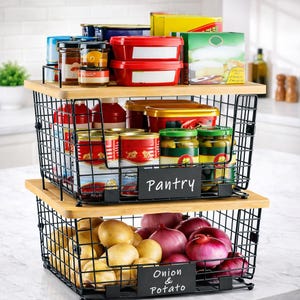 May include: A two-tiered pantry organizer with black wire baskets and bamboo shelves. The top shelf holds jars, red containers, and boxes. The lower shelf contains potatoes and red onions. The sign reads "Pantry" and "Onion & Potato".